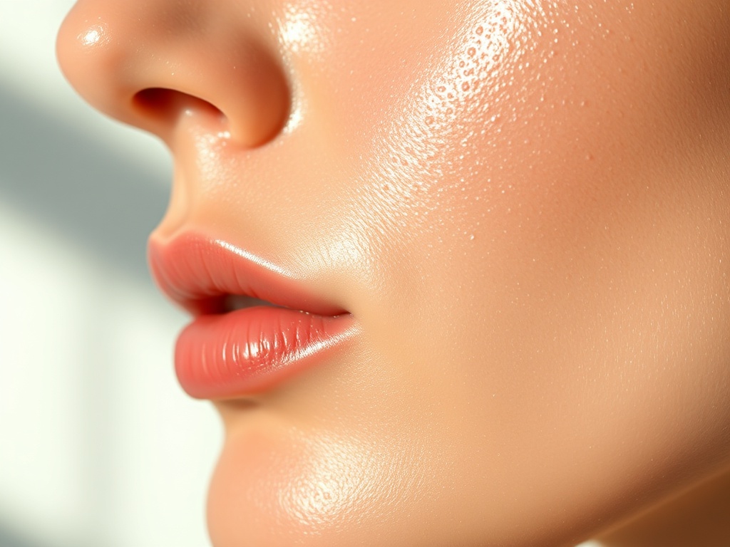 close-up of glowing hydrated skin with dewy texture, soft lighting, minimalist skincare aesthetic