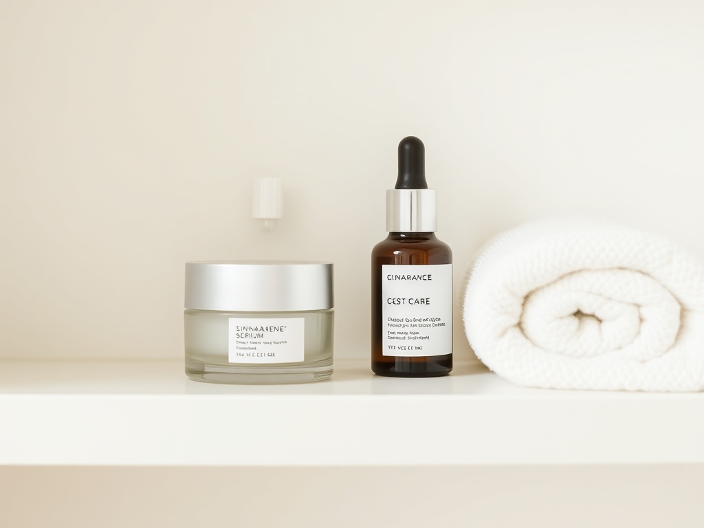 minimalist skincare shelf with serum, moisturizer, clean towel, soft neutral tones