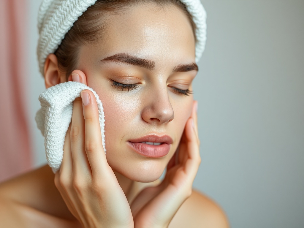 person gently patting face with towel leaving skin slightly damp, calm skincare ritual