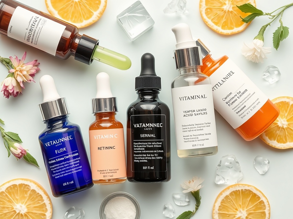 flat lay of skincare ingredients like serums labeled vitamin C, retinol, hyaluronic acid