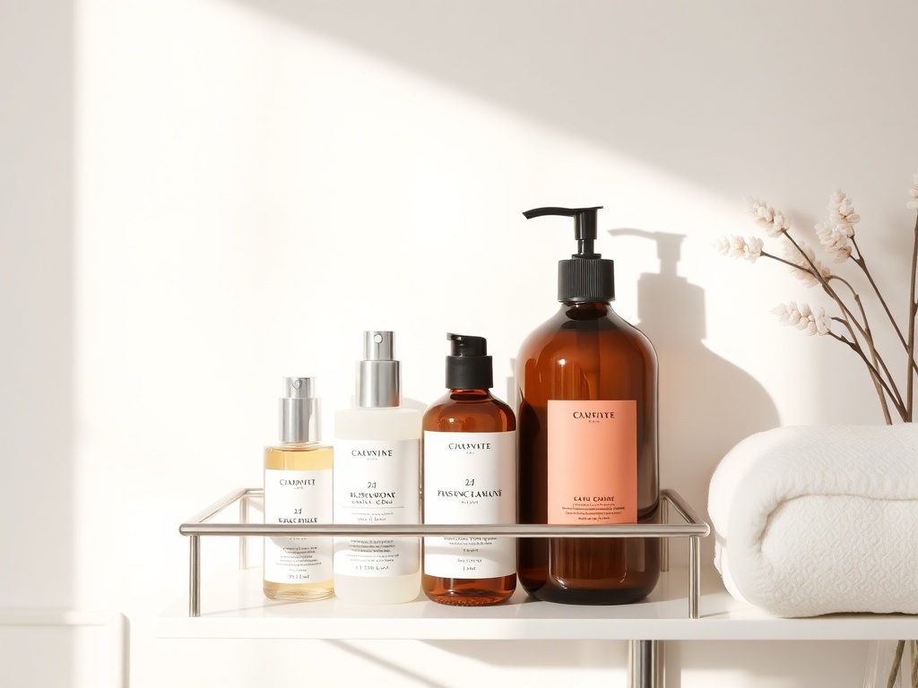 minimalist bathroom shelf with curated skincare bottles, soft lighting, clean aesthetic