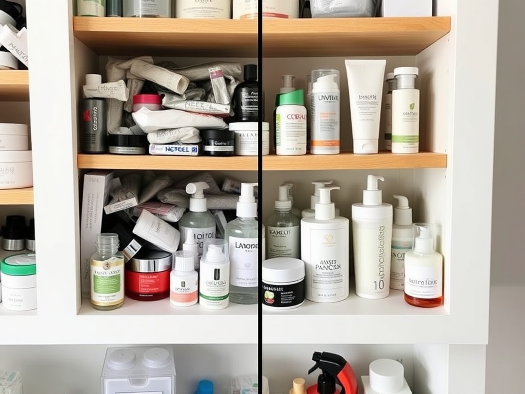 overloaded skincare shelf clutter vs minimal curated routine contrast