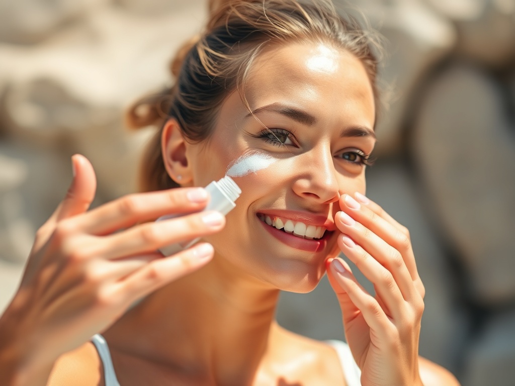 person applying sunscreen in natural daylight, glowing healthy skin