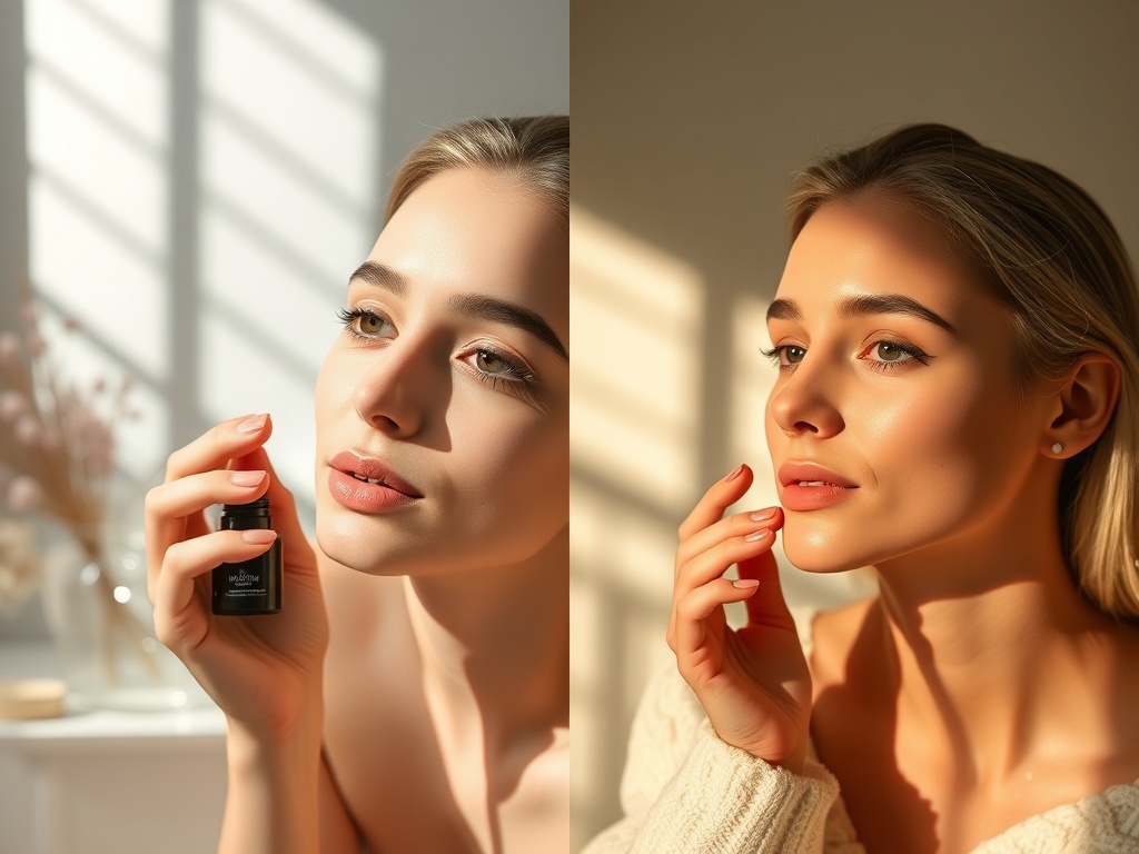 split scene morning vs night skincare routine with soft light and evening tones