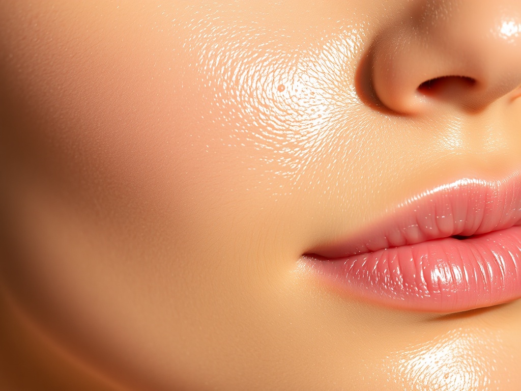 close-up of healthy glowing skin with natural texture, soft lighting, editorial skincare aesthetic