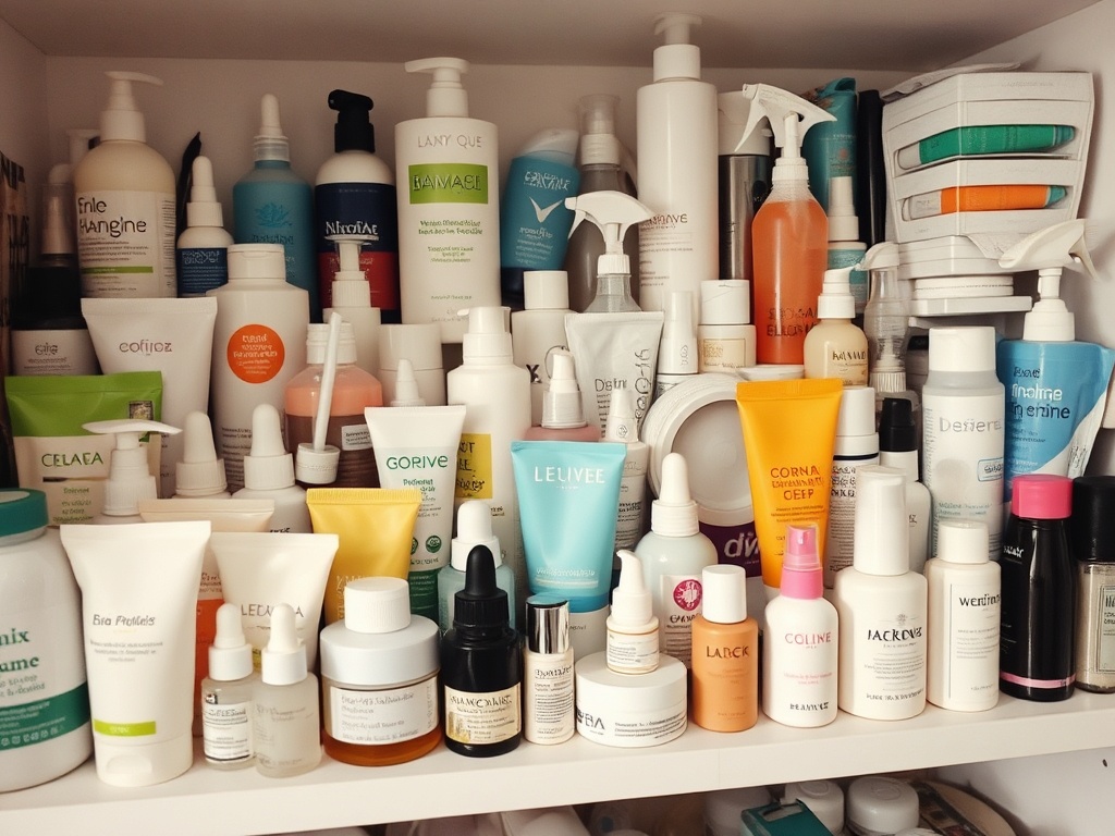 cluttered skincare shelf with many products, aesthetic chaos
