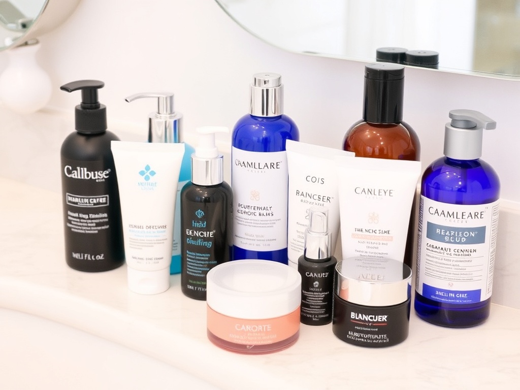 diverse skincare products on bathroom counter
