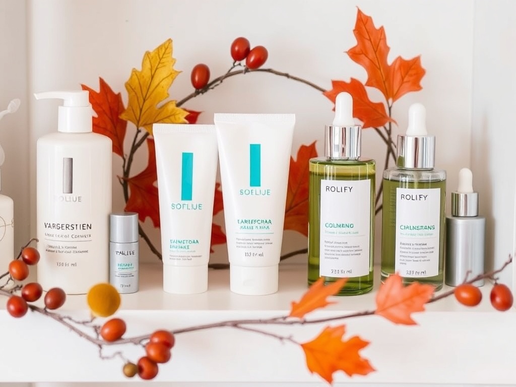 skincare products on shelf with seasonal decor