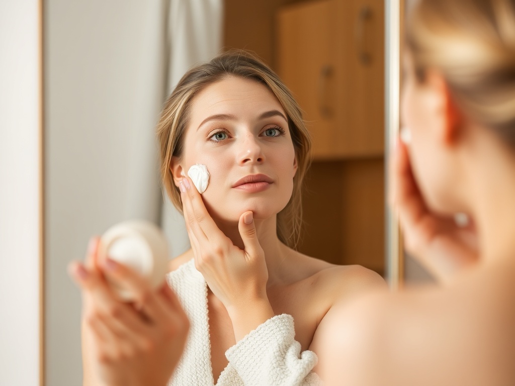 woman applying face cream in mirror