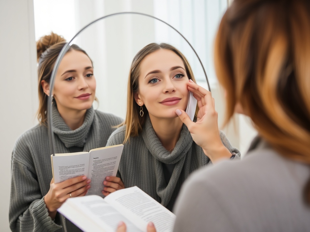 woman checking skin in mirror with journal