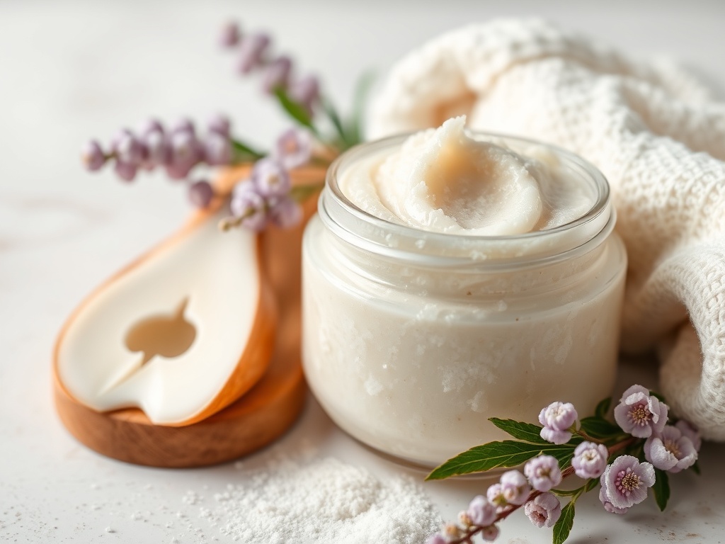 exfoliating facial scrub with gentle texture, spa-like setup