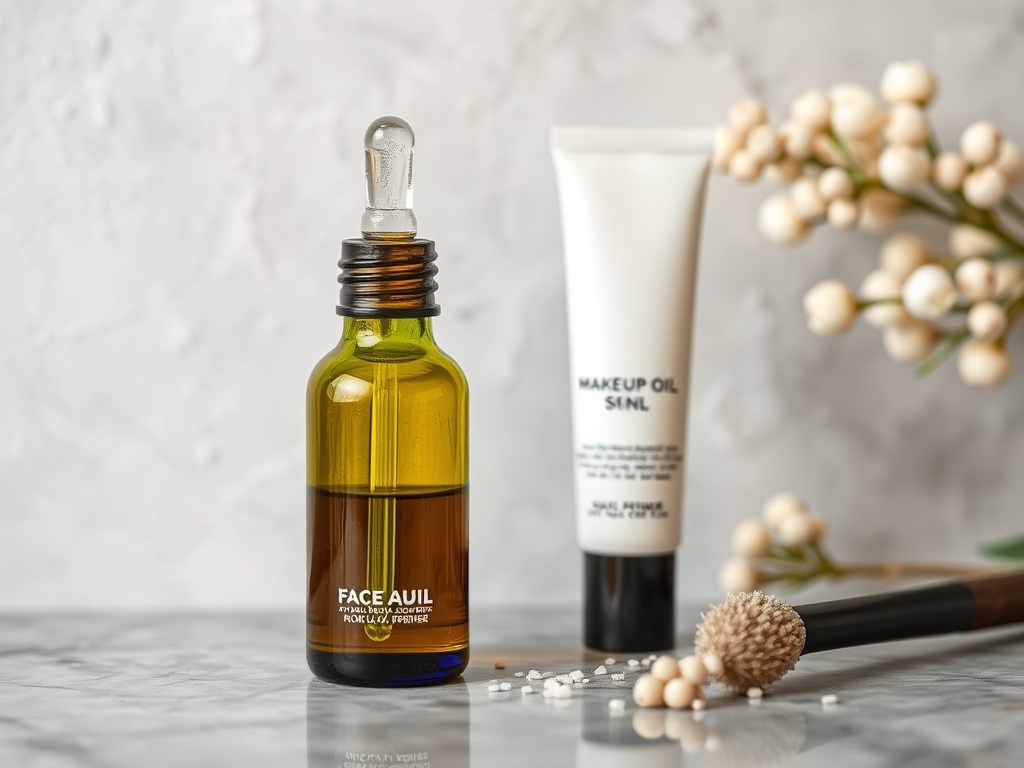 face oil dropper with glowy skin, makeup primer beside it