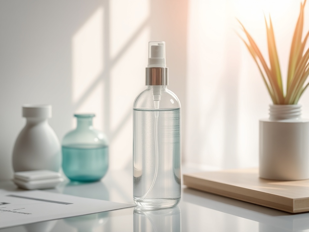 hydrating facial mist bottle on desk with sunlight