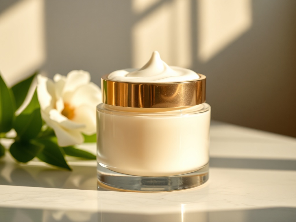 luxurious moisturizer jar with creamy texture, morning sunlight