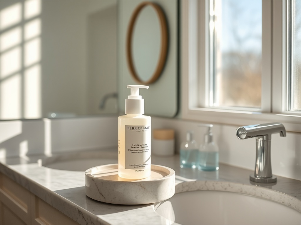 morning skincare cleanser on bathroom counter with sunlight streaming