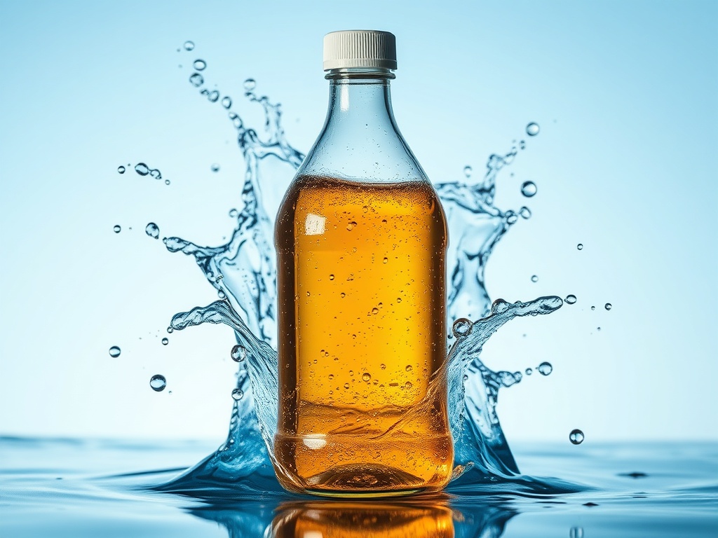 refreshing toner bottle with water splash background