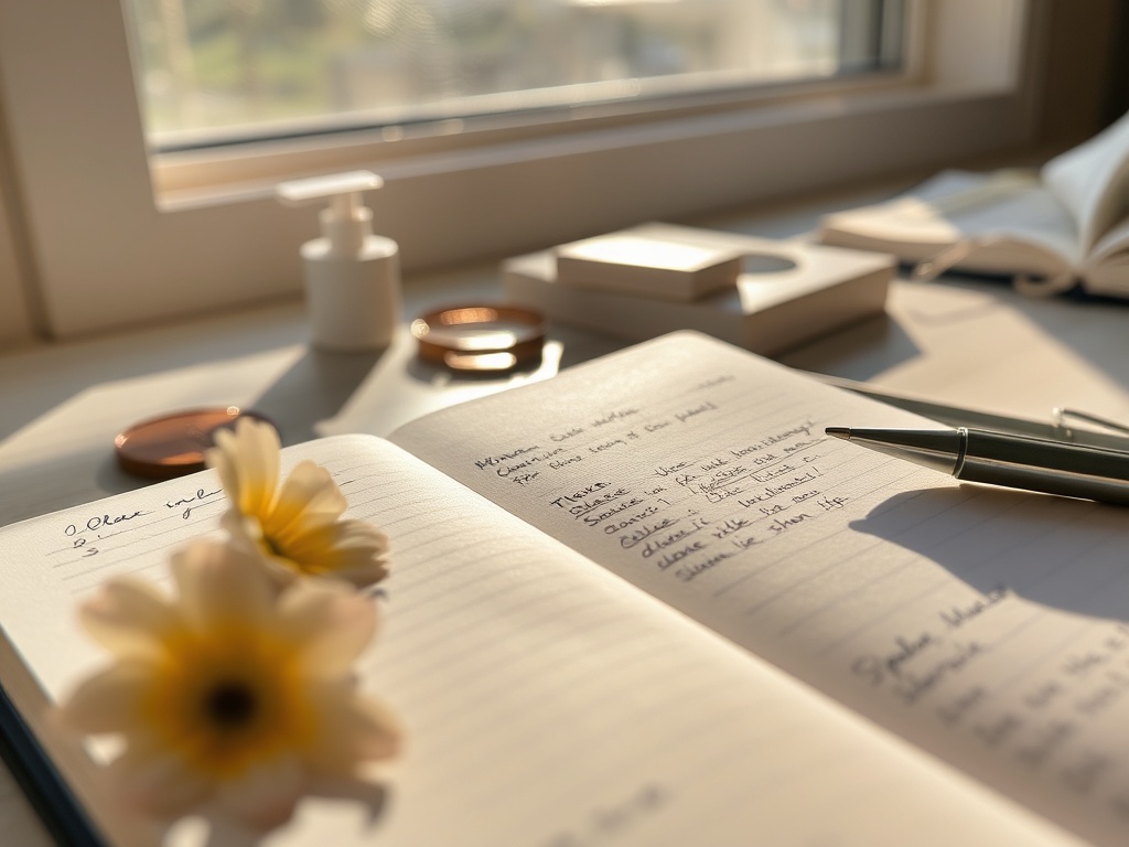 skincare journal with daily notes, morning sunlight