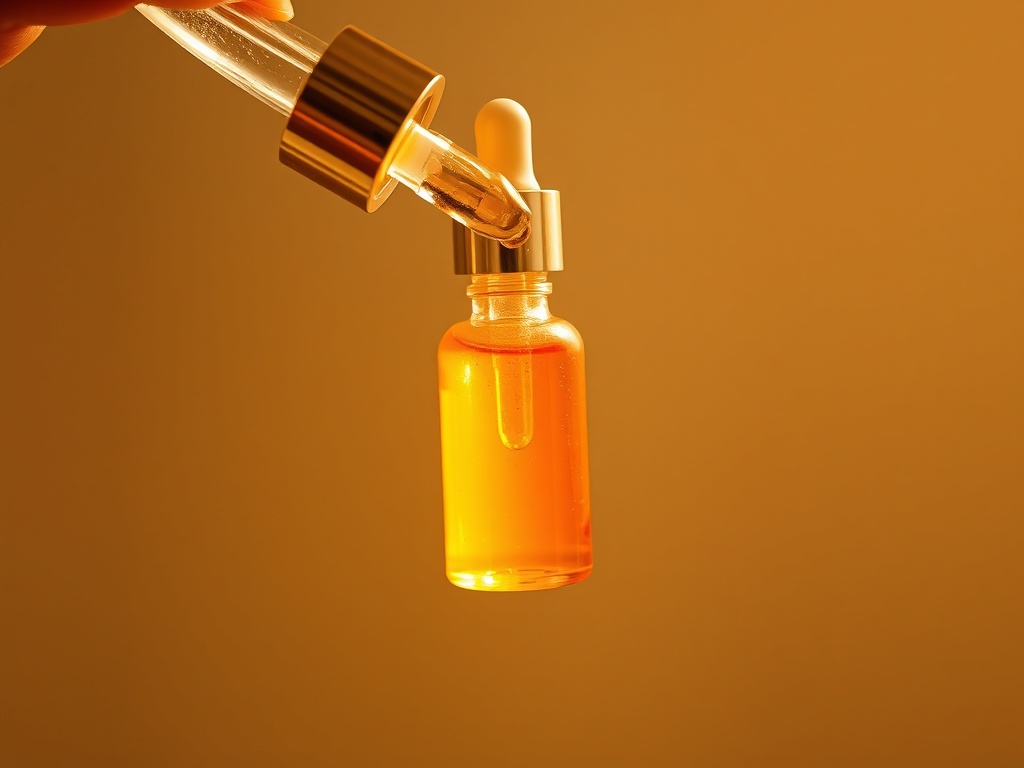 vitamin C serum dropper over radiant skin, bright morning light
