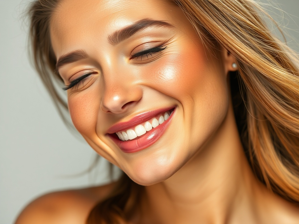 a radiant woman smiling with clear glowing skin