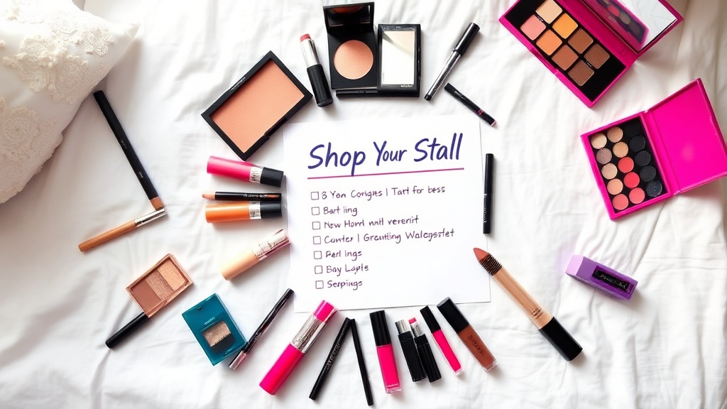 Colorful makeup products arranged around a handwritten 7-day no-buy checklist