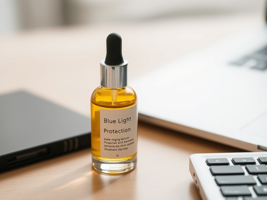 A bottle of blue light protection serum on a desk next to a laptop