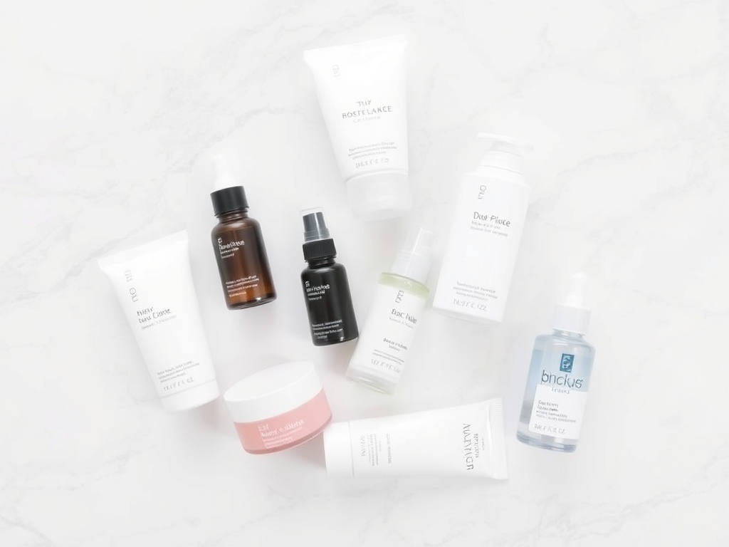 A clean and simple skincare routine laid out on a white marble countertop with minimalist packaging