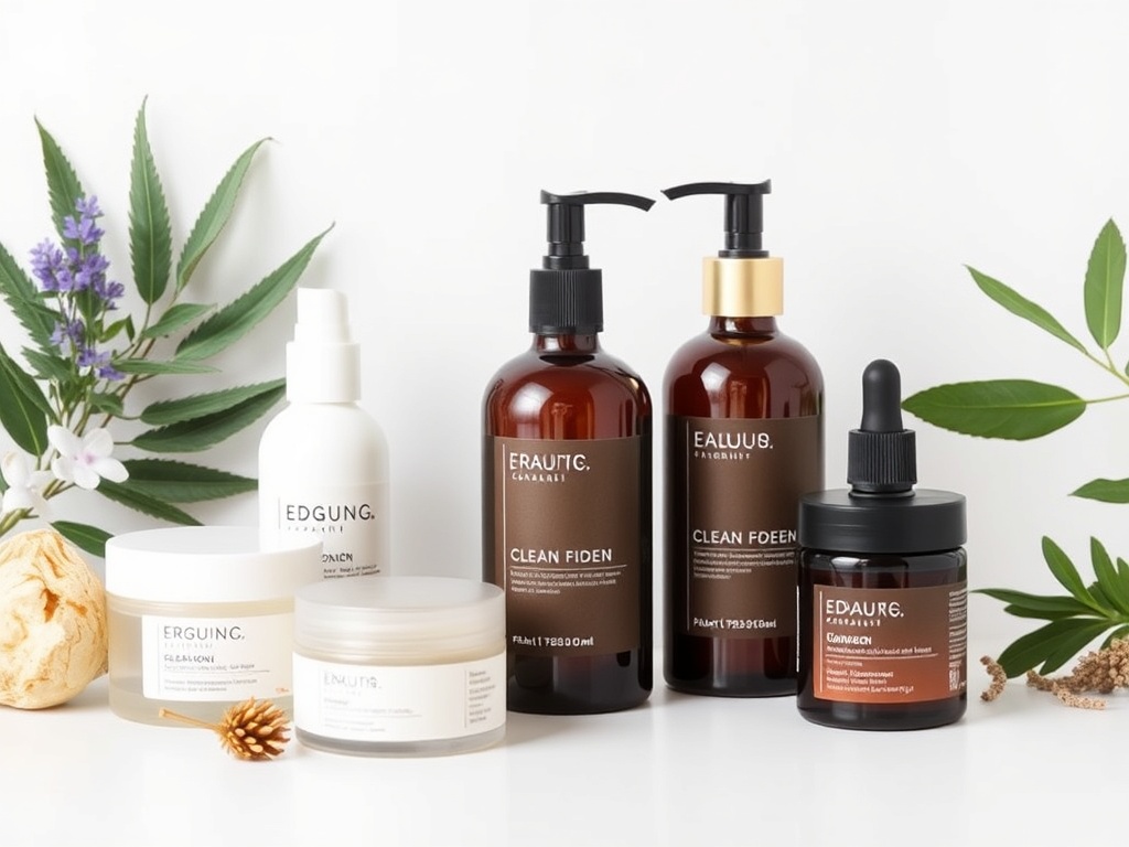 A collection of clean beauty products with minimalist packaging and organic ingredients
