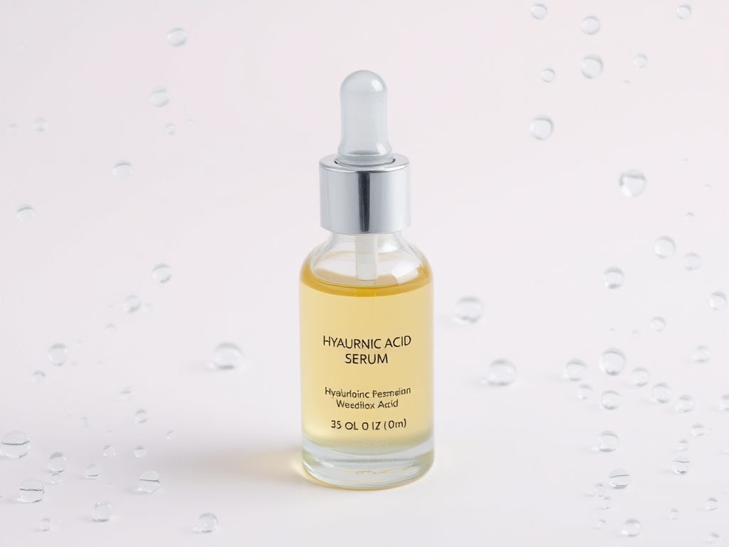 A dropper bottle of hyaluronic acid serum surrounded by water droplets