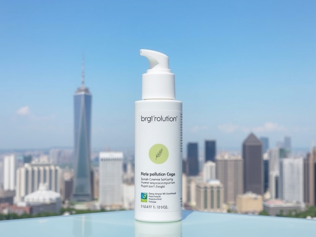 A face cream bottle with anti-pollution label surrounded by city skyline in the background