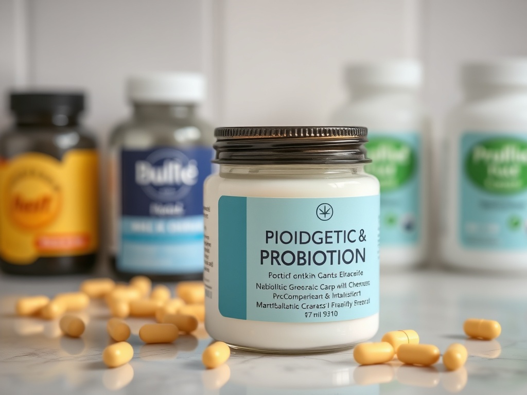 A jar of probiotic skincare cream on a countertop with probiotic pills in the background