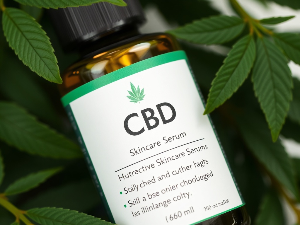A skincare serum bottle with a CBD label, surrounded by green leaves