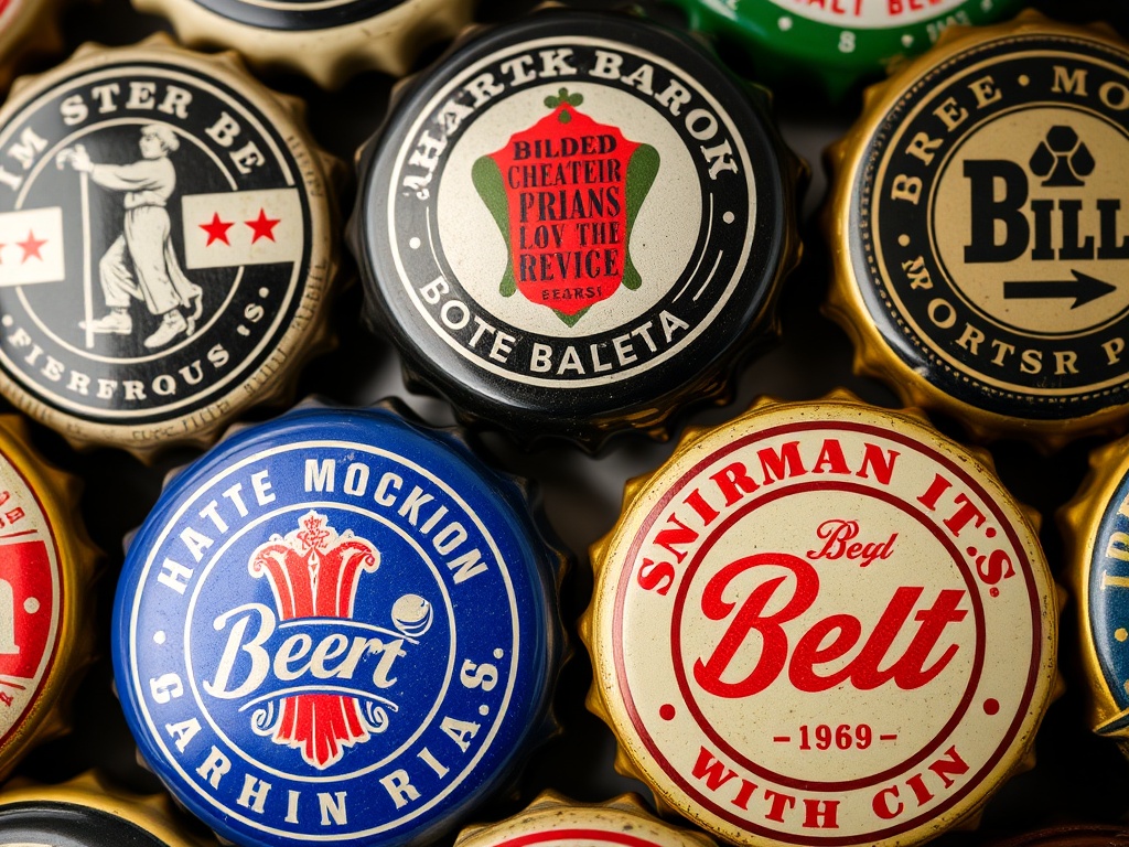 a close-up view of vintage beer caps showcasing intricate designs and logos