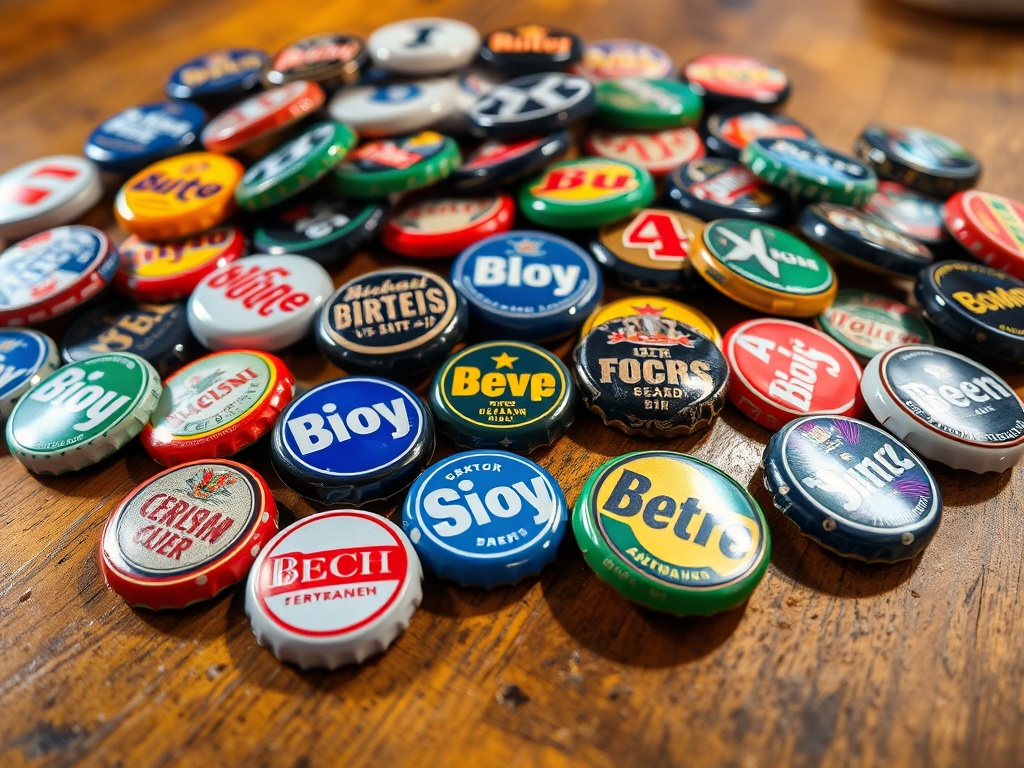 a colorful display of various beer caps on a wooden table with a few vintage ones shining brightly