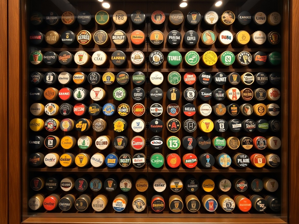 an elegant wooden display case with rows of beer caps neatly arranged by brewery