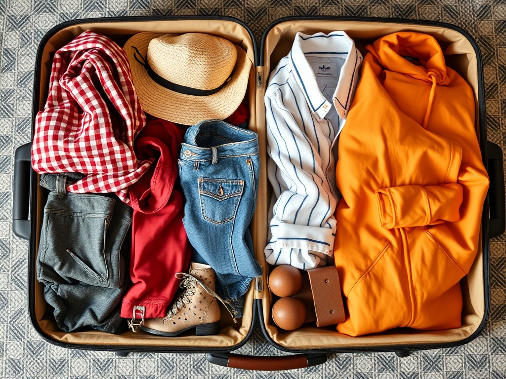 vivid description of a neatly packed suitcase with versatile clothing