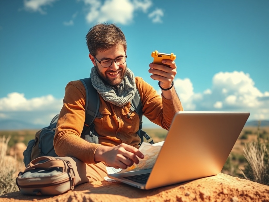 vivid description of a traveler eagerly planning with maps and a laptop
