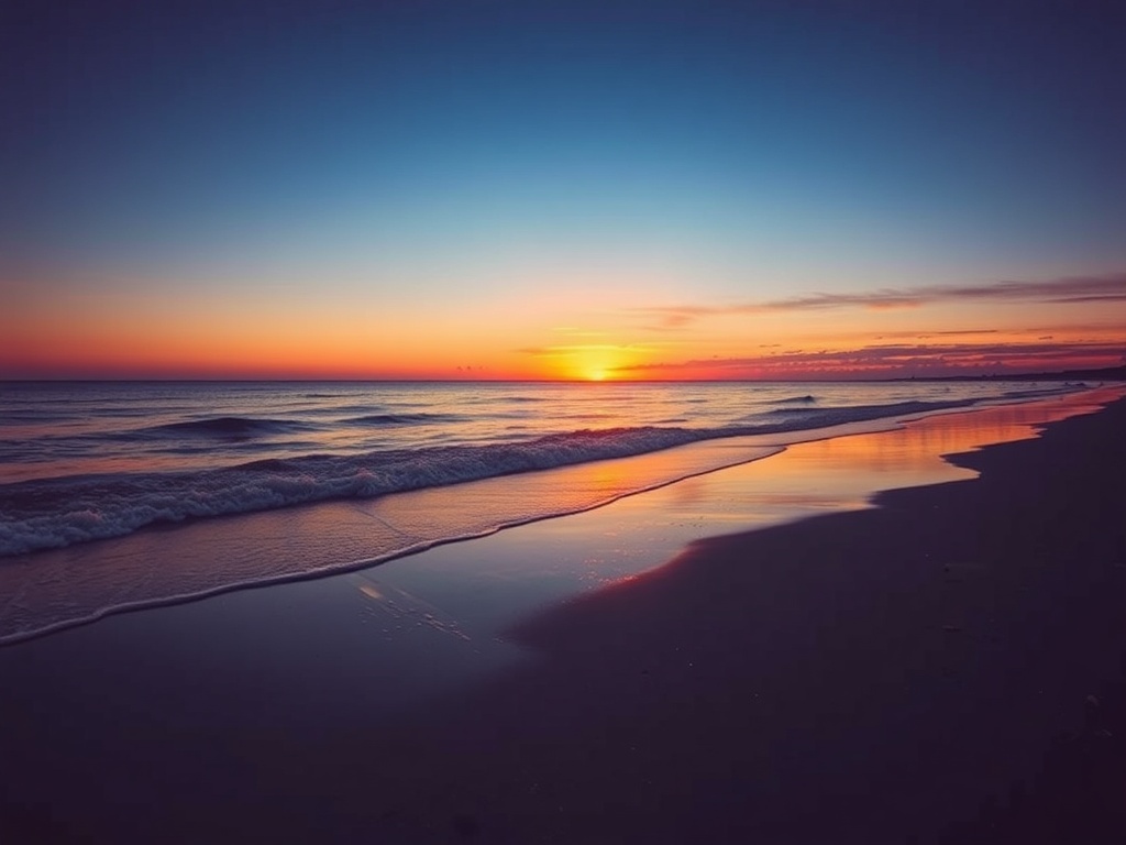vivid description of beautiful beach at sunset, peaceful and serene