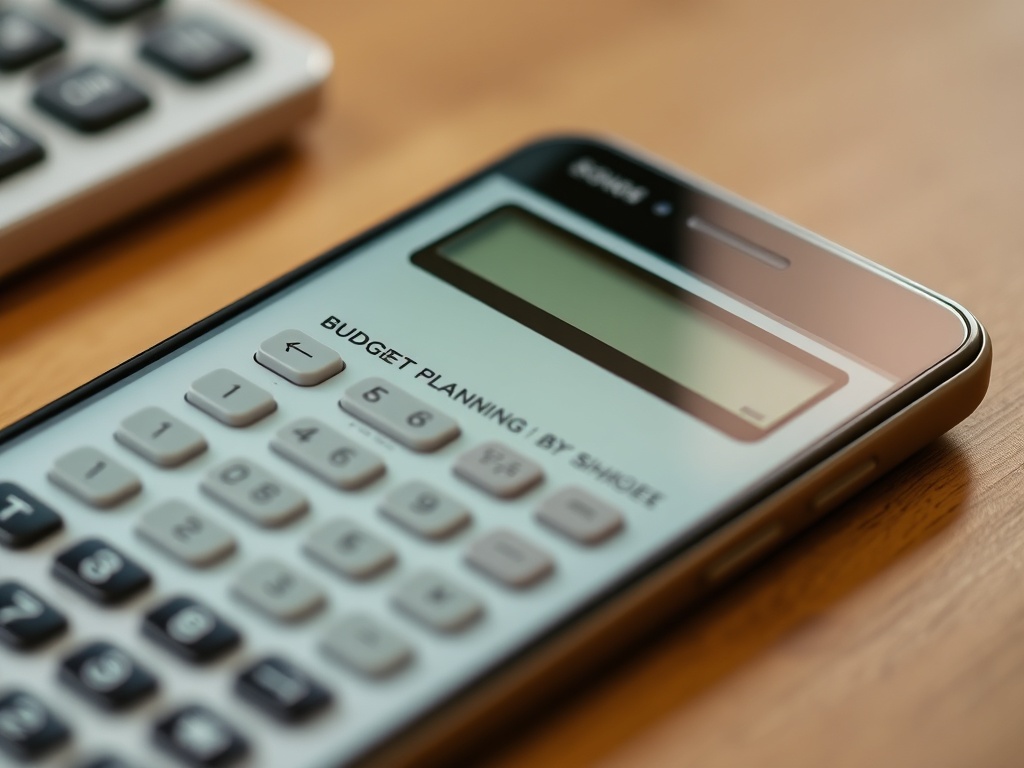 vivid description of budget planning on a phone with a calculator