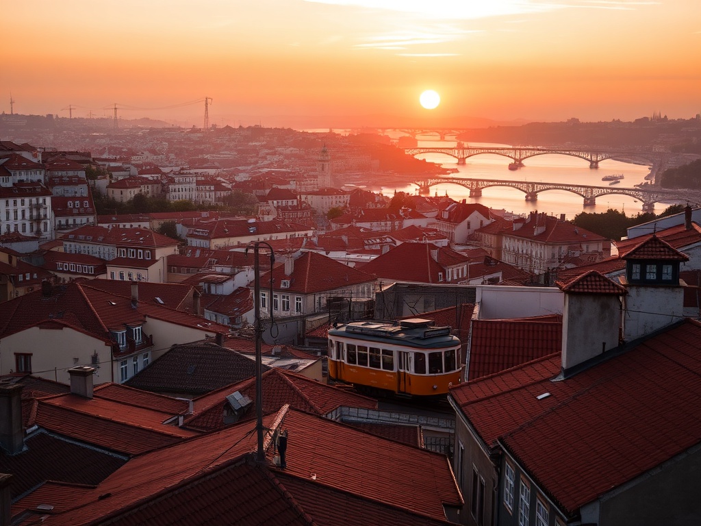 golden hour view over Lisbon rooftops with tram and Tagus river glowing, warm tones, cinematic travel photography