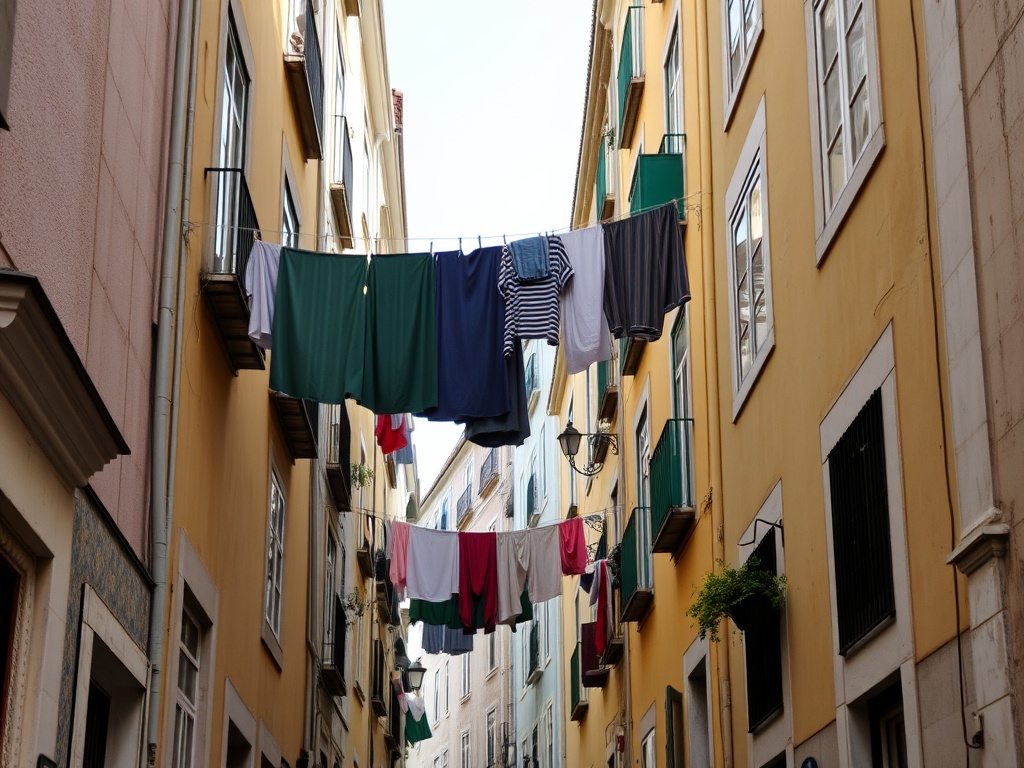 Lisbon Alfama district narrow streets with colorful tiles and laundry hanging, authentic neighborhood feel