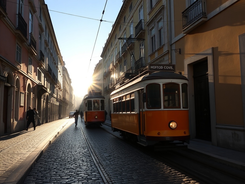Lisbon cobblestone street with tram and sunlight creating shadows quiet early morning scene