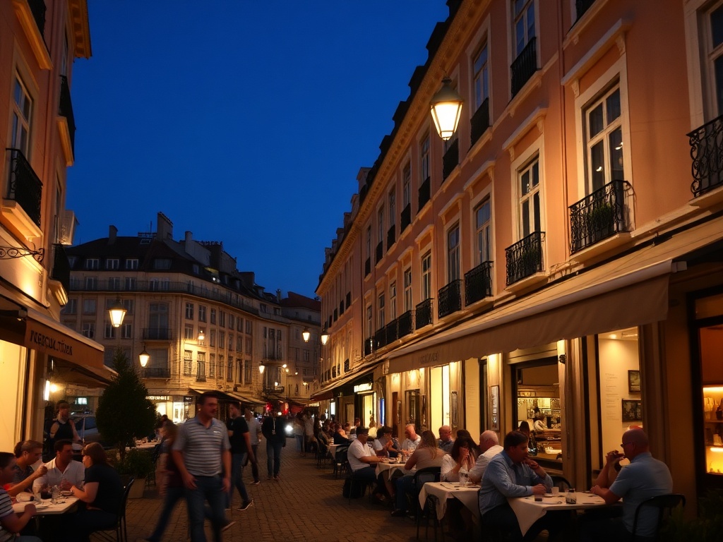 Lisbon street at night with warm lights people dining outdoors relaxed European atmosphere
