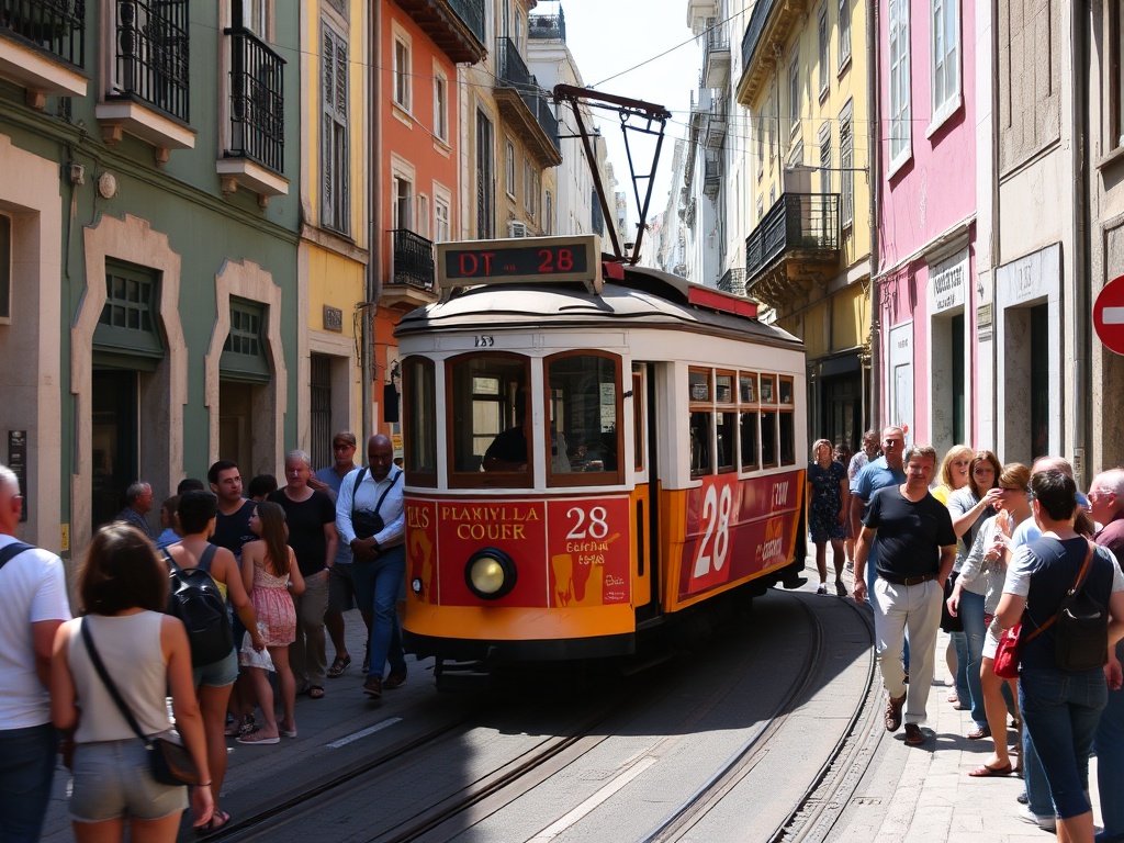 Lisbon tram 28 winding through narrow street with tourists and locals, vibrant city life