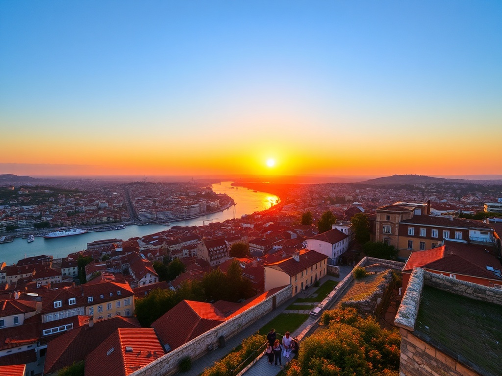 Miradouro viewpoint Lisbon sunset overlooking city rooftops and river with people relaxing