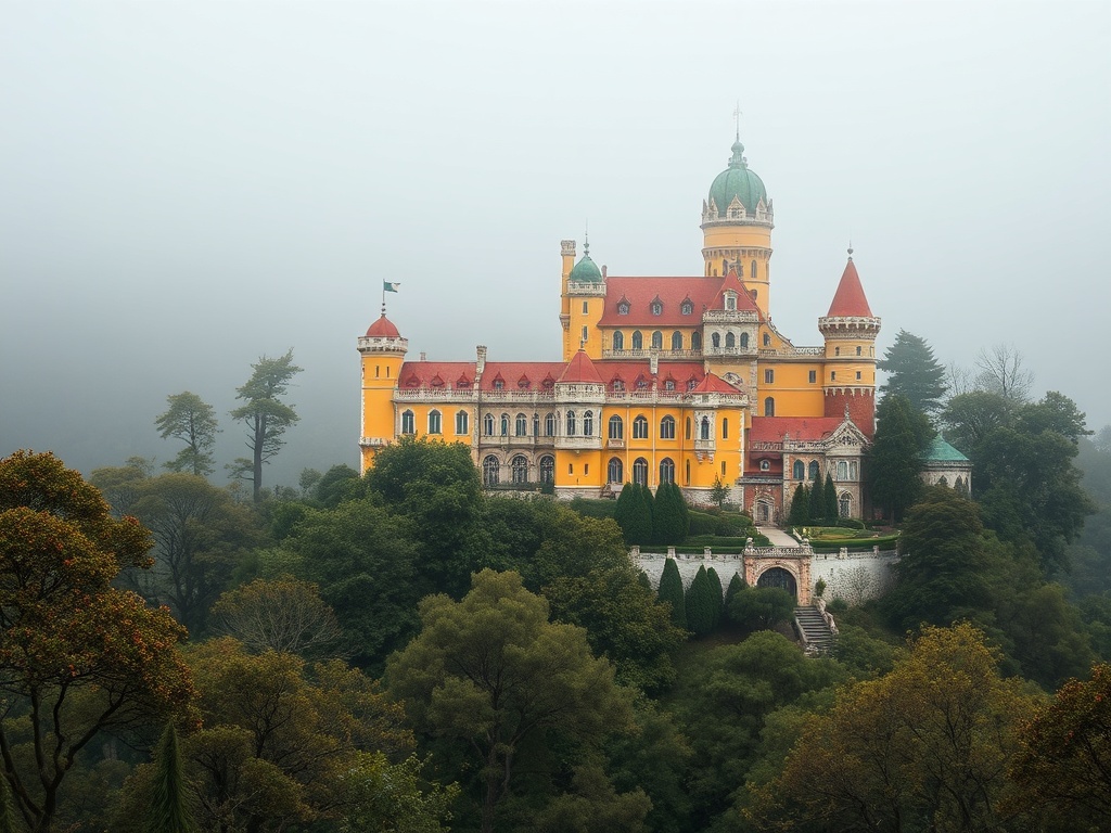 Sintra colorful Pena Palace with misty forest surroundings fairytale vibe Portugal