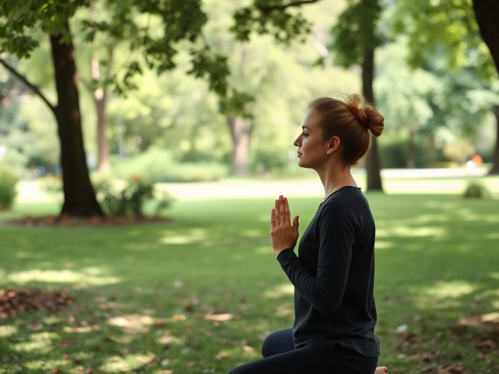 A calm, tranquil scene with a person practicing mindful breathing outdoors in a quiet park, surrounded by greenery.