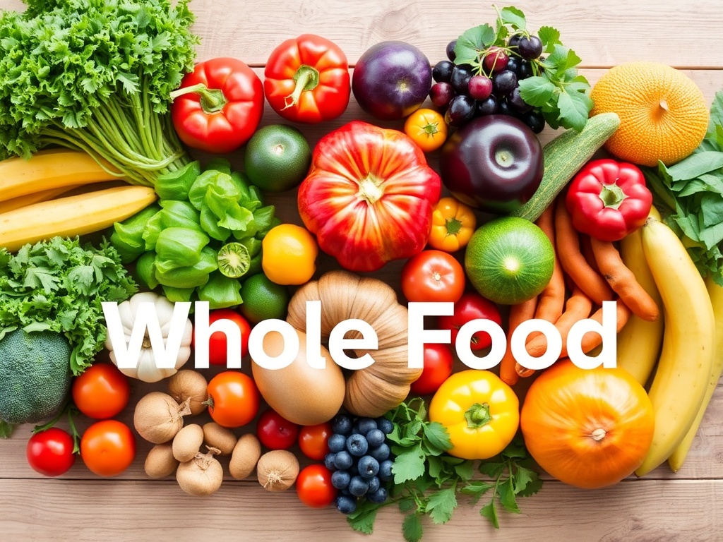 A colorful array of fresh fruits and vegetables arranged on a wooden table, emphasizing a healthy, whole-food lifestyle.