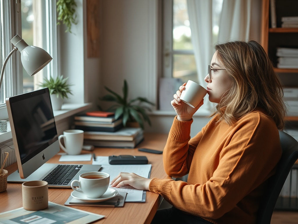 A cozy workspace with a person taking a break, sipping tea, and enjoying a moment of calm away from their desk.