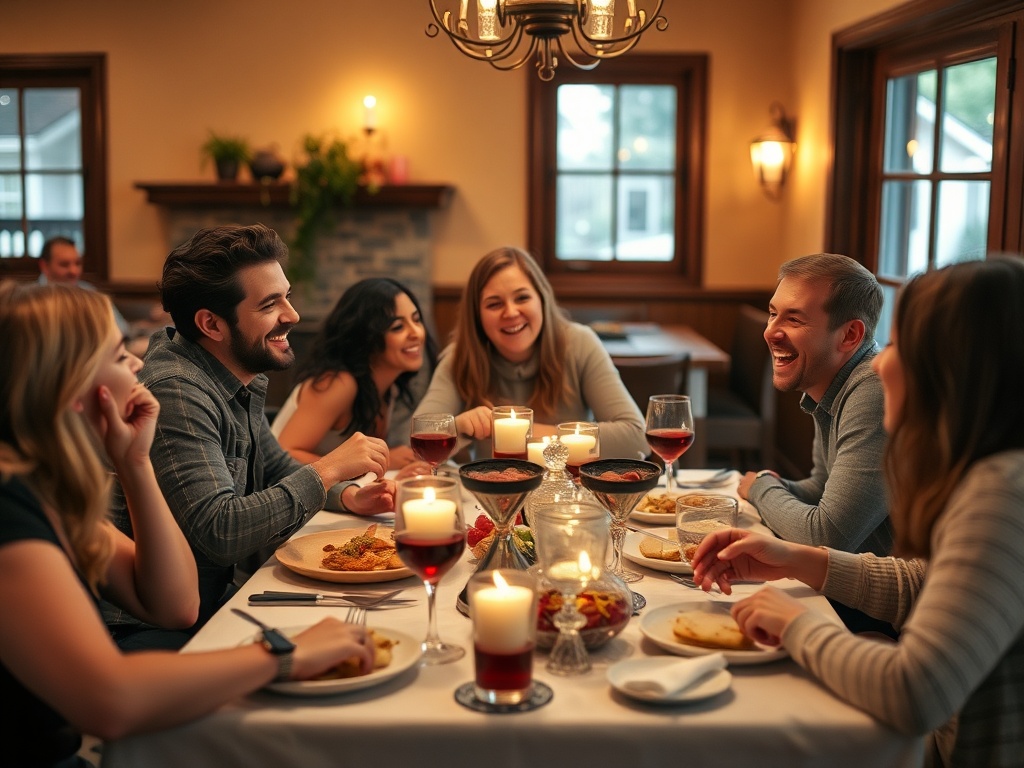 A group of friends laughing and enjoying a meal together at a cozy dinner table, with a warm, inviting atmosphere.