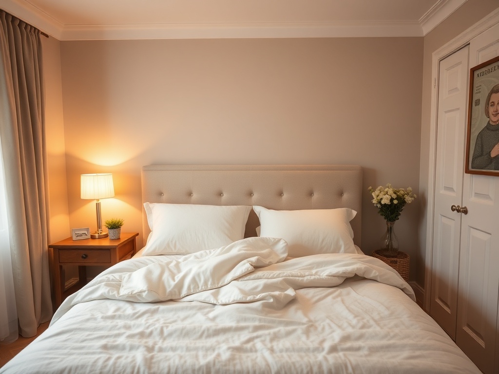A peaceful bedroom setting with soft lighting, a comfy bed, and soothing colors for a restful night's sleep.